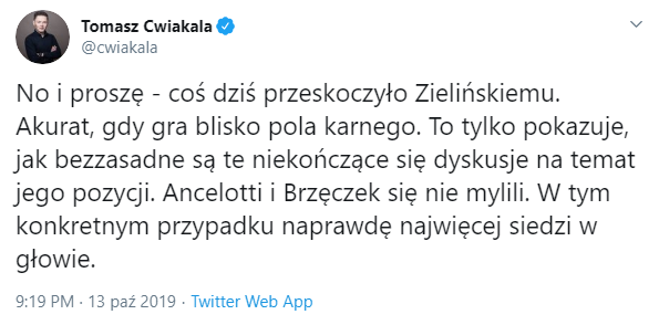 OPINIA Tomasza Ćwiąkały na temat dzisiejszej gry Piotra Zielińskiego